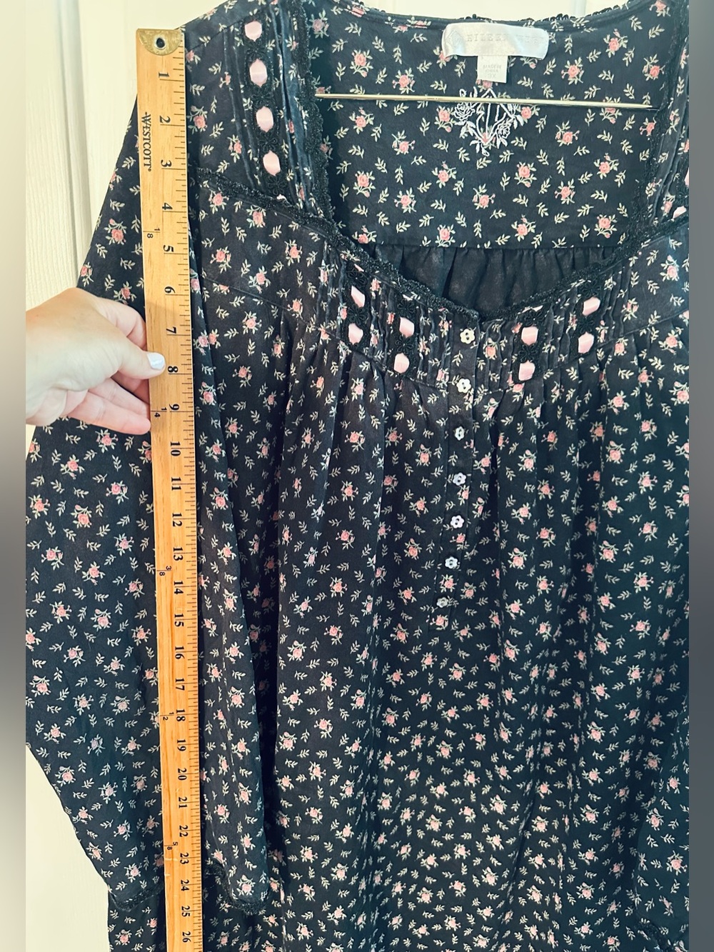 EILEEN WEST 3X Nightgown Black Floral 100% Cotton Long Sleeve Dreamtime Jersey - Picture 11 of 11
